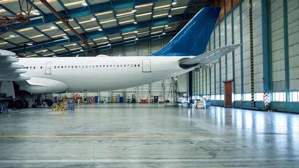 hangar with back of aircraft inside